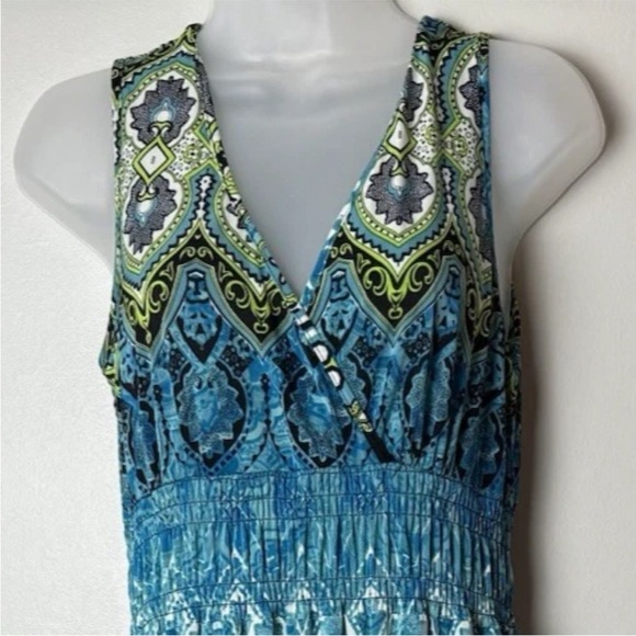 Mlle Gabrielle Maxi Dress Size Medium Sleeveless V-Neck Stretch Blue Black Green - Picture 3 of 7